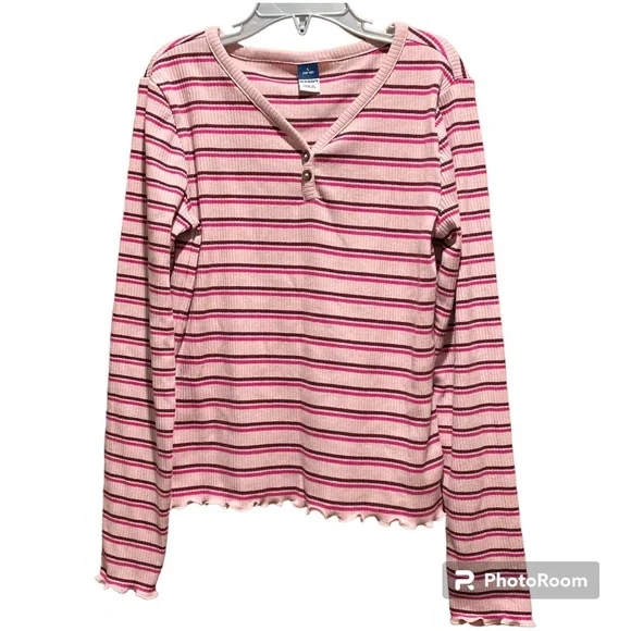 Old Navy Girls Large 10-12 Pink Long Sleeve Two Button V Neck Striped Shirt - Picture 1 of 6